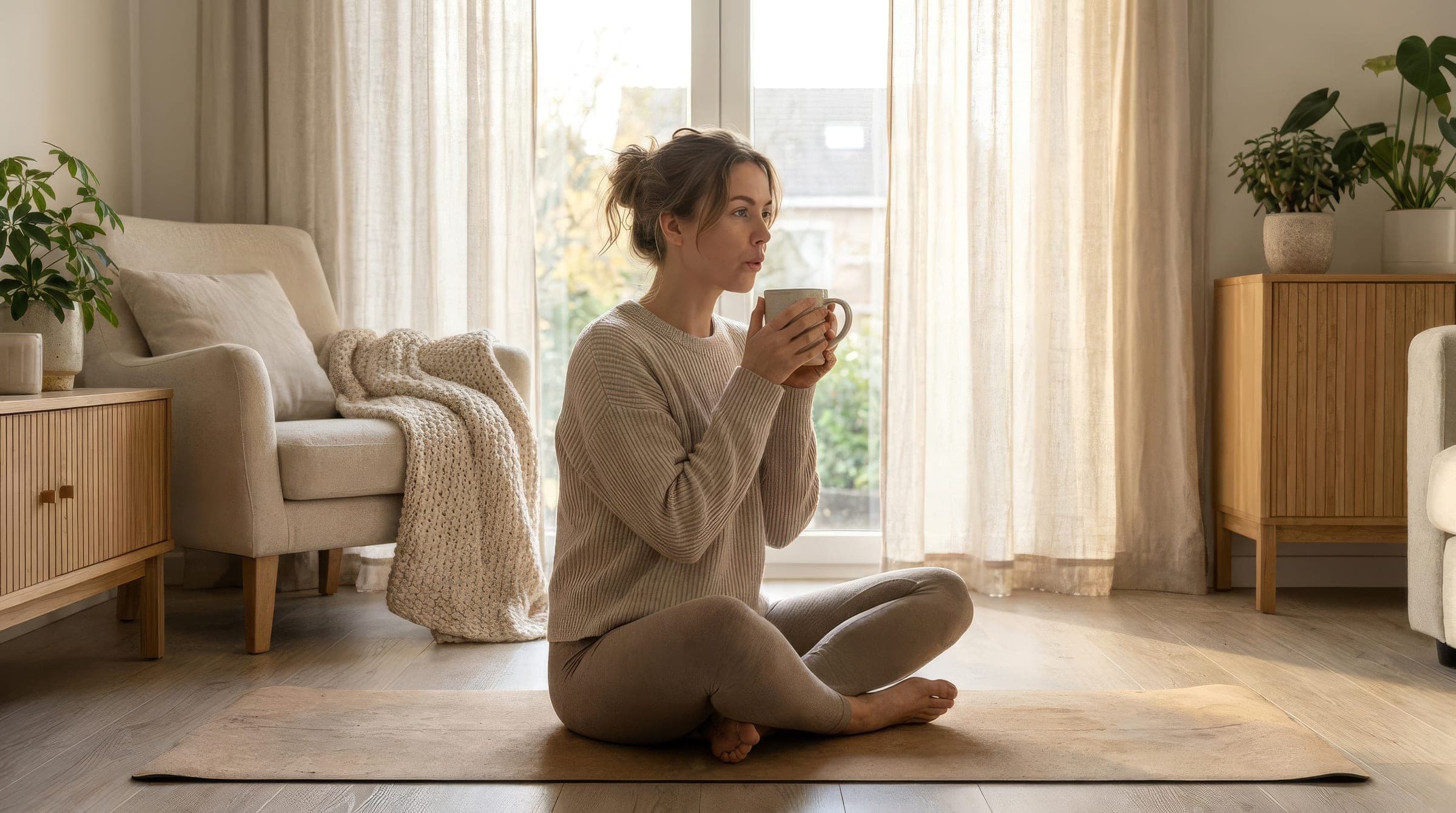 Frau sitzt nach der Praxis ruhig im Schneidersitz auf der Matte und hält eine Tasse Tee