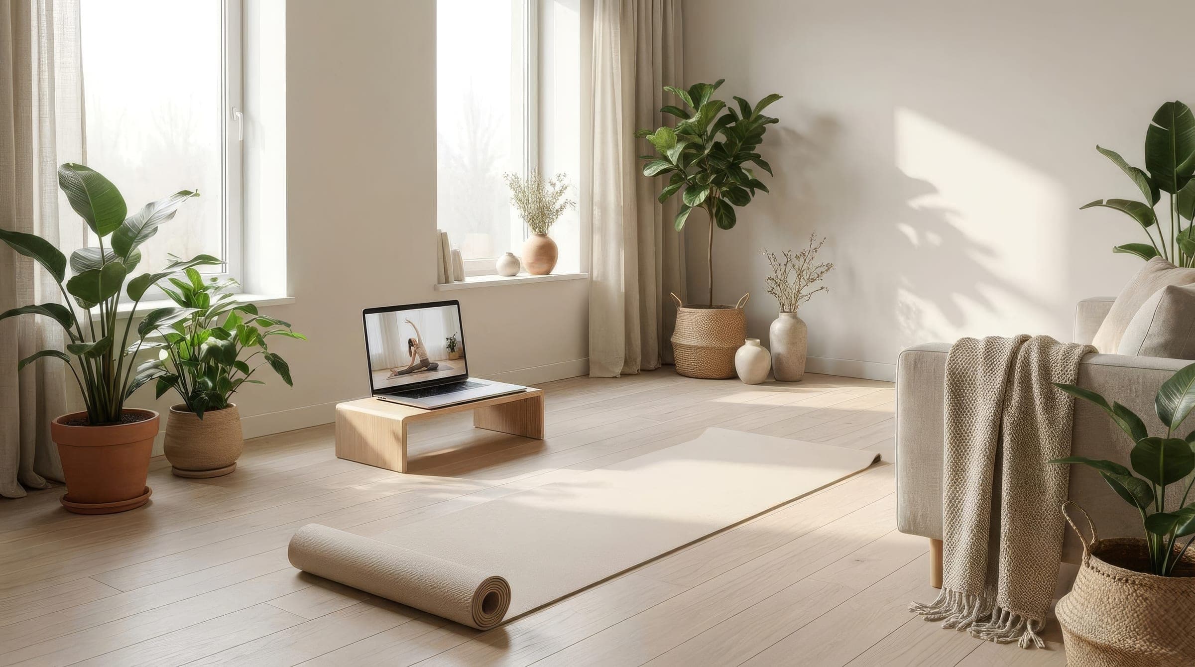 Helles minimalistisches Wohnzimmer mit ausgerollter Yogamatte und einem Laptop auf einem niedrigen Holzhocker